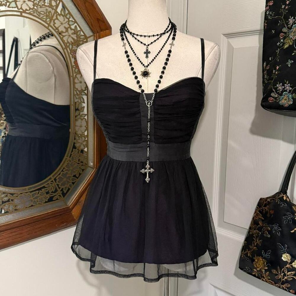 Y2K French Connection Black Mesh & Purple Dark Fairy Silk Babydoll Cami Top 8